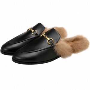 NWOT Black Leather Fur-Trimmed Loafers